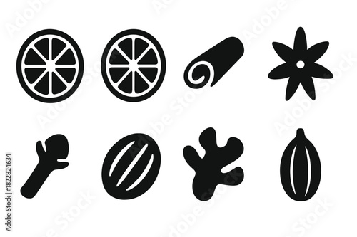 Citrus and Spice Icons. Citrus and spices. Filled icon set of citrus and spices: orange slice, lemon slice,