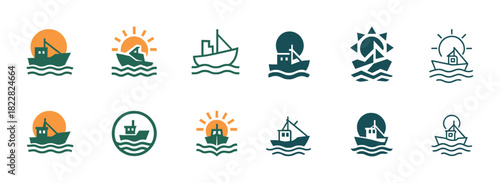 Collection of nautical boat logos with sun and waves in iconic designs