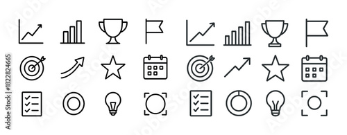Set of outline icons: graphs, trophies, flags, targets, stars, calendar, list, lightbulb