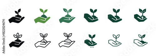Collection of plant in hand icons representing growth and nature