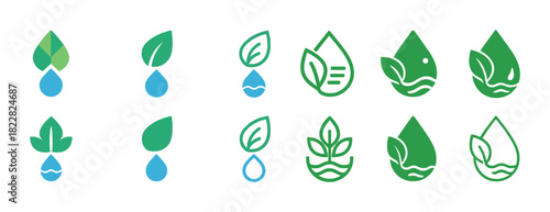 Eco-friendly water and leaf icons with nature themes in green and blue designs