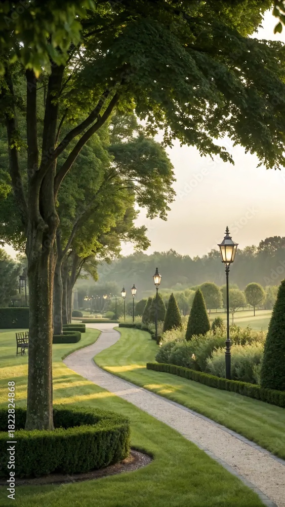 Obraz premium Serene winding garden path glowing in soft morning light, offering an elegant journey through manicured greenery and picturesque landscapes