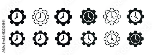 Set of clock and gear icons in black and white illustrating time management concepts