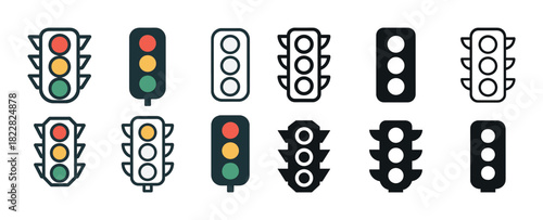 Various traffic light icon designs in color and black and white styles