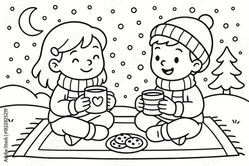 Cozy Winter Picnic. Evening hot drinks children?s coloring book illustration, outlined drawing, friends