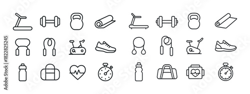 Fitness icon set featuring gym equipment for training and exercise