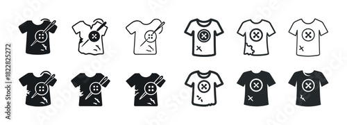 Set of t-shirt icon variations with sewing tools and button designs