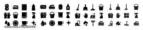 Collection of black cleaning icons including mop, bucket, gloves, and spray bottle