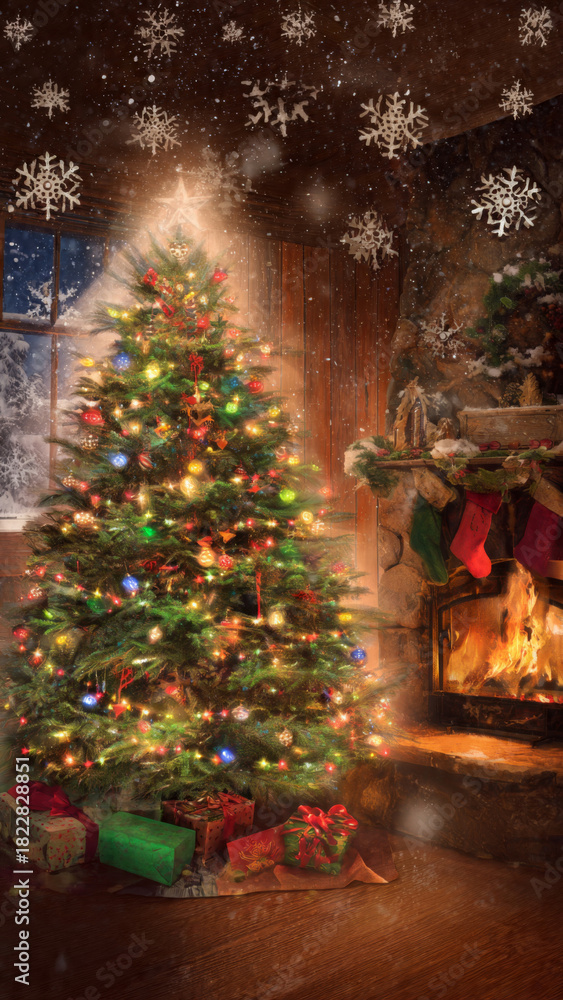 Fototapeta premium Festive green Christmas fir tree decorated with gold seasonal ornaments and colorful lights in the winter night celebration