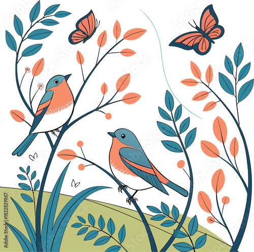 Wallpaper Mural Serene Wildlife Artwork with Perched Birds and Gentle Butterfly Accents. Torontodigital.ca