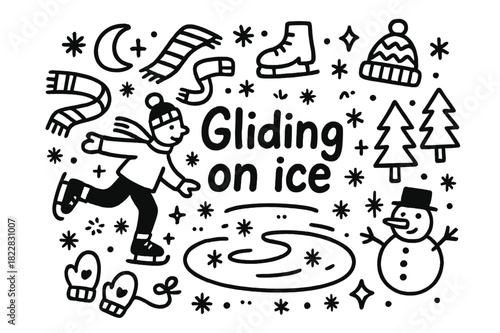 Ice Skating Doodle. Gliding on ice. Hand-drawn doodle illustration of gliding on ice. Skating person, ice