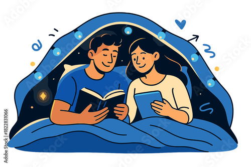 Cozy Reading Couple. Couple?s rest. Two people reading under a blanket with glowing lights around the bed.