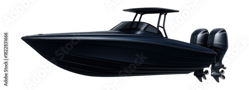 Fast interceptor vessel with dual outboard motors and a sleek design.