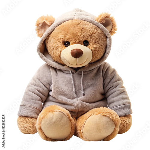Oversized Hoodie on Seated Teddy Bear: Oversized hoodie worn by large plush teddy bear sitting upright, adorable playful style, isolated PNG.