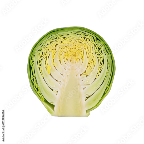 Macro detail of a perfect green brussels sprout, cut in half to reveal intricate layers, neat arrangement, tack-sharp focus. Excellent for healthy eating, recipe content, Thanksgiving,