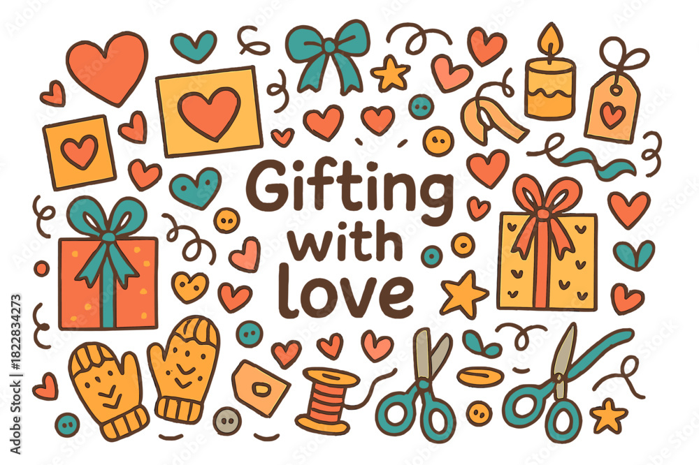 Fototapeta premium Gifting with Love. Gifting with love. Hand-drawn doodle illustration of gifting with love. Hearts, ribbons,