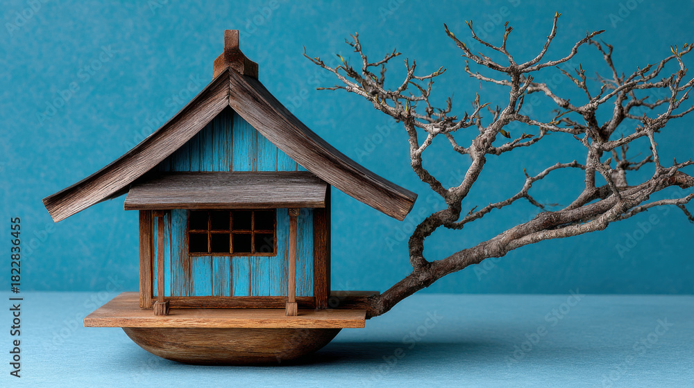 Fototapeta premium Unique wooden temple off beaten path showcases intricate craftsmanship with blue facade and branch extending gracefully