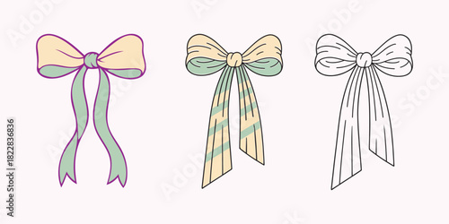 Colorful bows with ribbons illustration set in various styles design