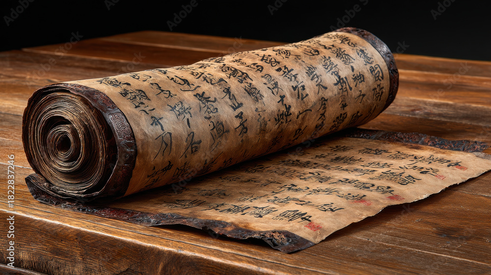 Fototapeta premium Ancient heritage reveals Chinese script on light parchment, showcasing intricate designs and historical significance in captivating manner