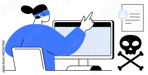 Woman with eye mask reviews computer monitor, identifying security risks. Document, skull, and crossbones signify cyber threats. Ideal for cybersecurity, risk management, data privacy, hacking