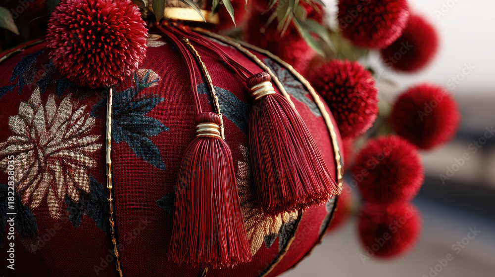 Fototapeta premium Handcrafted new year lantern features intricate floral patterns and vibrant red tassels, symbolizing joy and celebration during festivities