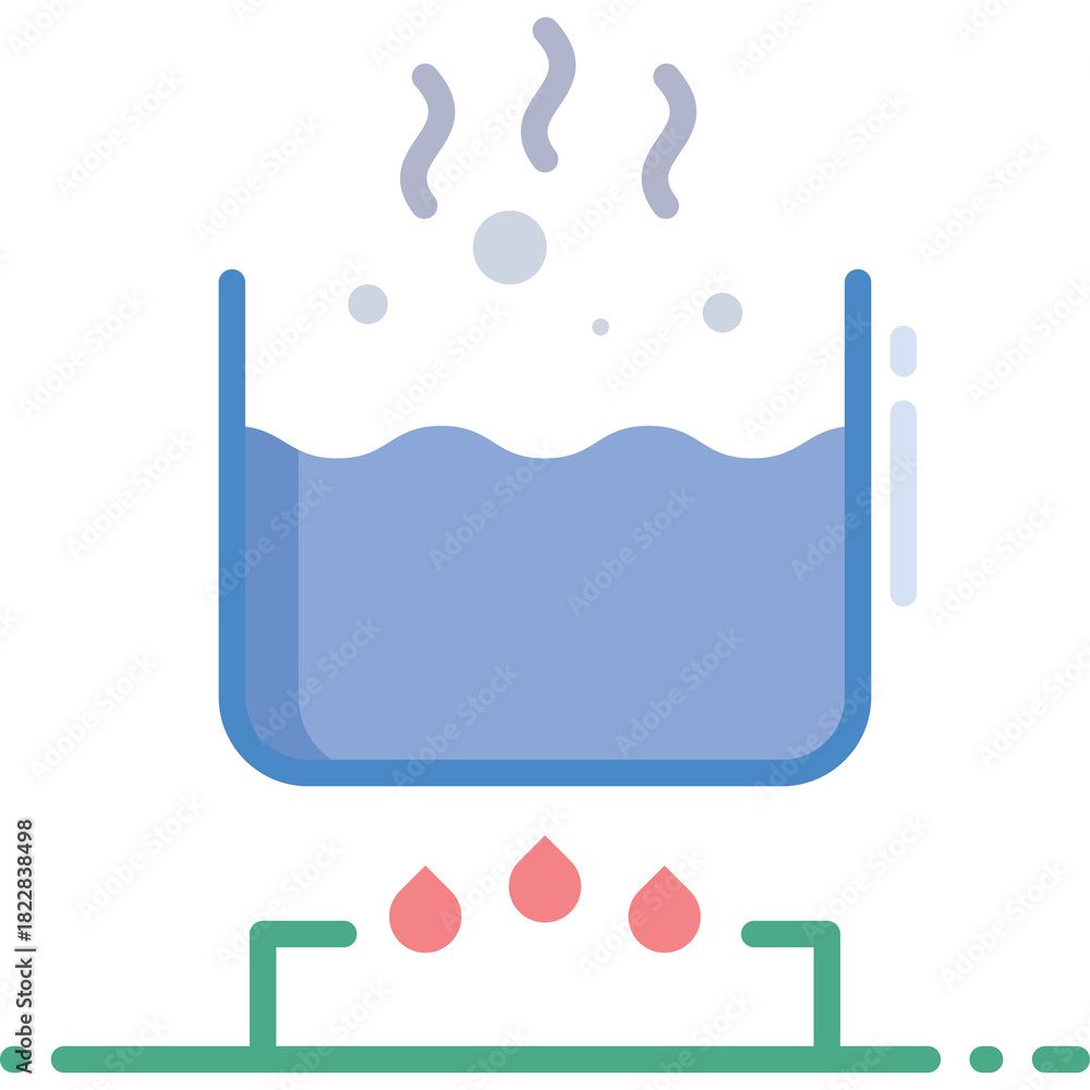 Fototapeta premium Flat Icon Illustration of Water Boiling in a Blue Pot on a Green Gas Stove With Steam Rising Against a Transparent Background