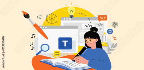 The process of creative learning and skill development in the digital age, encompassing coding, design, and content creation