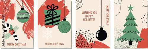Hand-drawn Christmas greeting cards featuring trees, ornaments, and gifts