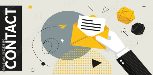 Conceptual banner for business contact and communication, featuring a hand holding an open letter and envelope with abstract geometric shapes