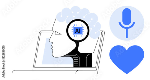 Brain with AI chip inside, laptop, microphone, and heart icon illustrating AI, machine learning, voice recognition, innovation, healthcare technology, customer experience simple flat metaphor