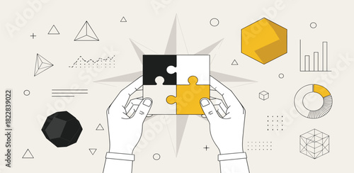 Hands assembling four puzzle pieces, representing connection and problem-solving, amidst abstract geometric shapes and data visualization elements