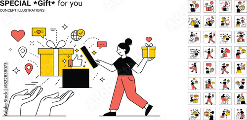 Modern conceptual illustration of a woman opening a digital gift box, revealing flying hearts and messages, symbolizing online rewards, customer loyalty, and appreciation