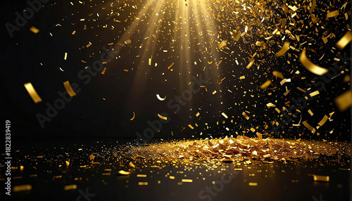 金の紙吹雪。光。背景黒。遠近感。立体感。Gold confetti. Light. Black background. Perspective. Three-dimensional effect.