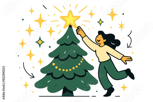 Joyful Christmas Sparkle. Christmas sparkle. Star perched on top of a lush tree, glowing with radiant yellow