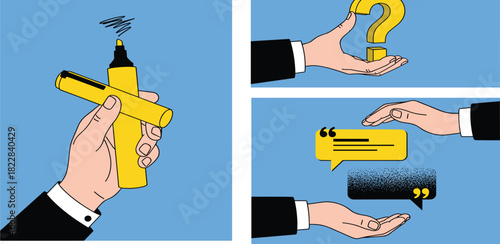 A professional's hands engaged in business communication concepts, highlighting ideas, posing questions, and exchanging dialogue