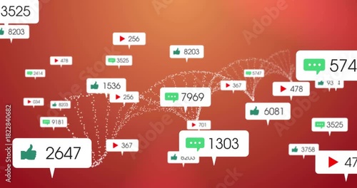 Chat bubble appearing particles emerging, metrics clustering and linking arcs, showing engagement