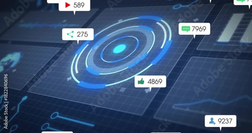 Badge flow hitting core HUD, pulsing and rotating as icons entering and clustering, showing metrics
