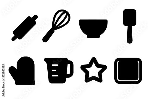Baking Tools Icons. Baking tools. Filled icon set of baking tools: rolling pin, whisk, mixing bowl, spatula,