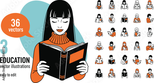 A diverse collection of vector illustrations showing various people reading books, symbolizing education, literature, and knowledge. A set of student and reader icons