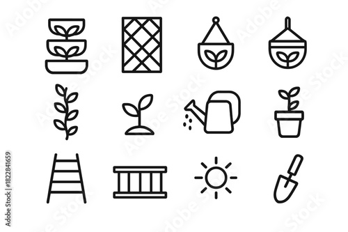 Vertical Herb Garden Icons. Vertical herb garden. Line outline icon set of vertical herb garden: herb planter,
