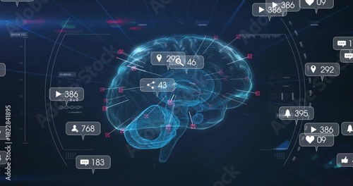 Analytics bubbles arriving from right, holo brain rotating, nodes lighting, mapping counts to lobes