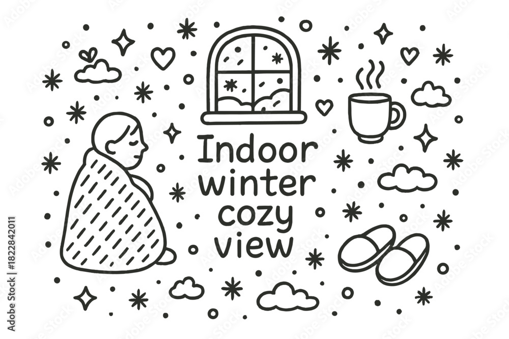 Obraz premium Cozy Winter Scene. Indoor winter cozy view. Hand-drawn doodle illustration of Indoor winter cozy view. person,