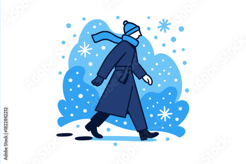 Solitary Snowy Stroll. Winter Walk. A solitary figure in a long coat walks under gentle snowfall, footprints