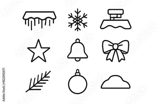 Holiday Rooftop Icons. Holiday Rooftops. Line outline icon set of Holiday Rooftops: roof, icicles, snow layer,