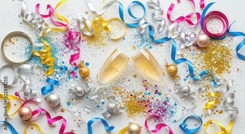 Sparkling Toast with Champagne Glasses, Festive Glitter, and Colorful Party Ribbons