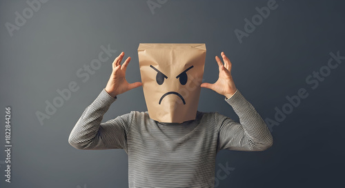 Frustration and anonymity converge as a person wears a paper bag with an angry face, symbolizing hidden emotions and identity challenges that are real.