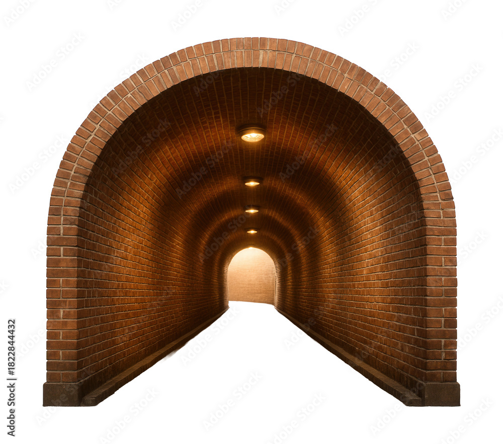 Fototapeta premium Arched pedestrian tunnel with brick walls and overhead lighting.
