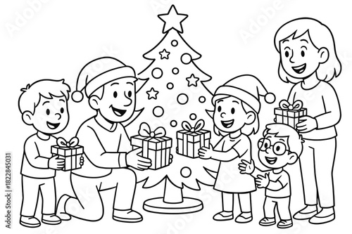 Family Gift Exchange. Family Secret Santa children?s coloring book illustration, outlined drawing, kids and