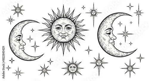 Artistic Illustrations of Celestial Bodies Sun and Crescent Moon with Faces Surrounded by Stars Outline Drawing Mystical and Zodiacal Concept