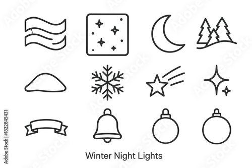 Winter Night Icons. Winter Night Lights. Line outline icon set of Winter Night Lights: aurora waves, starry